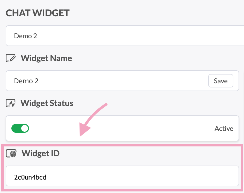 Widget ID field under Widget Status on the Chat Widget page