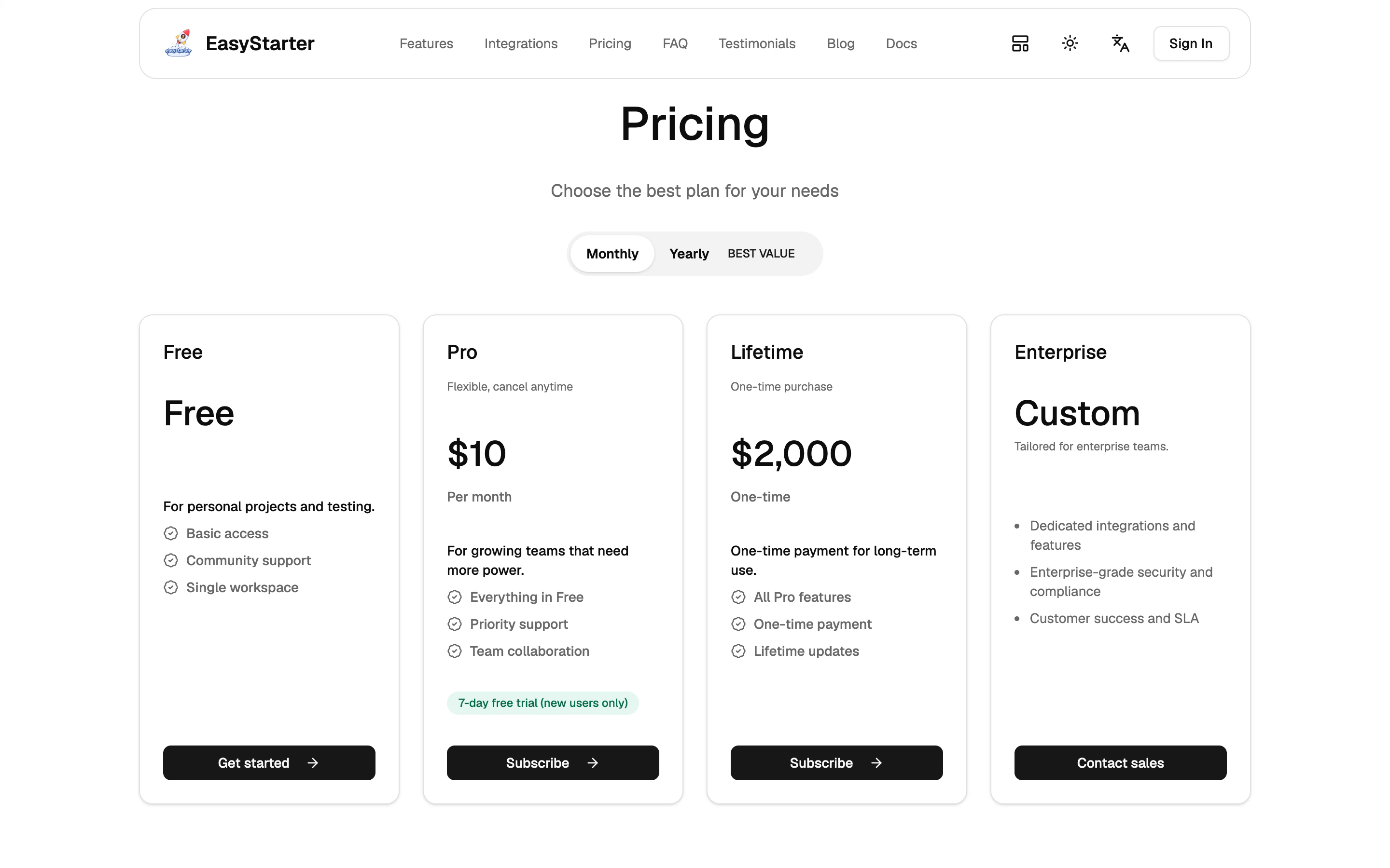EasyStarter monthly and lifetime pricing plans